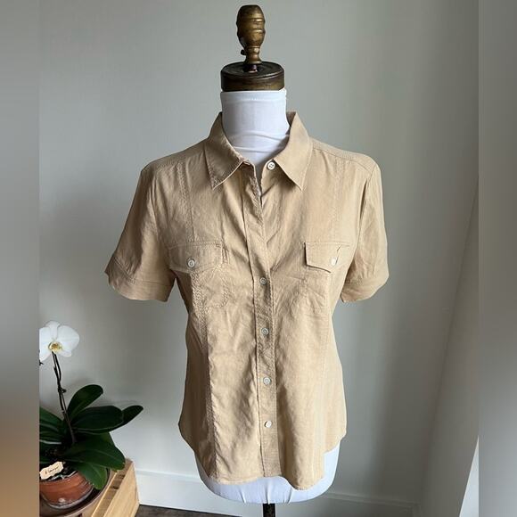 THEORY WOMENS SHORT SLEEVE BUTTON DOWN LINNEN SPANDEX KHAKI LARGE - Picture 1 of 6